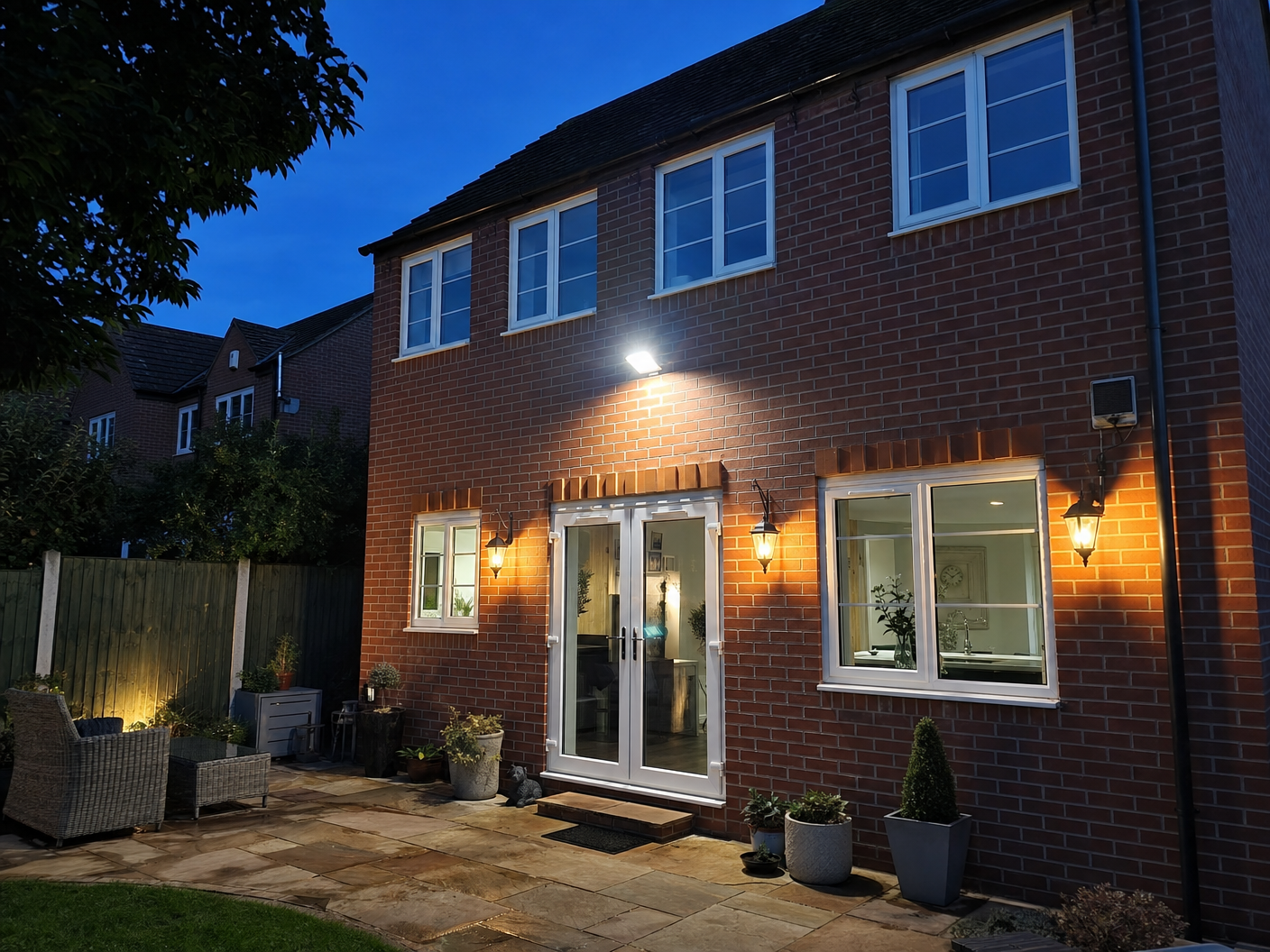 Outdoor security lighting on British home